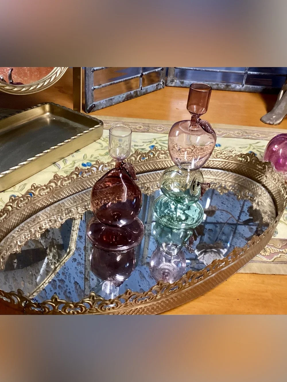 Anthropologie set of glass Autumn fruit candle holders NEW